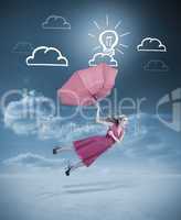 Glamour woman flying with a red umbrella