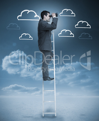 Businessman standing on a ladder over clouds