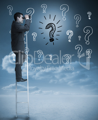 Businessman on a ladder next to question marks drawn