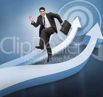 Businessman jumping over blue arrows