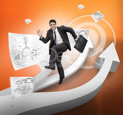 Cheerful businessman jumping over arrows