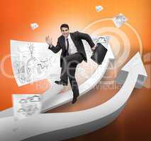 Cheerful businessman jumping over arrows