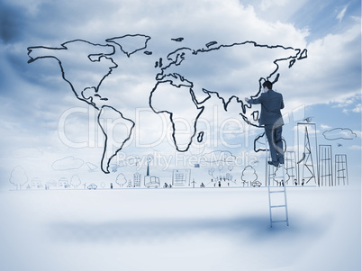 Businessman on a ladder drawing a map