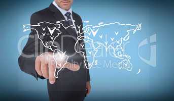 Businessman selecting a white world map