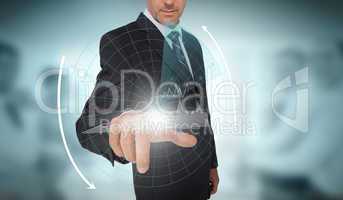 Businessman selecting a futuristic interface with arrows