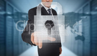 Businessman selecting a digital padlock