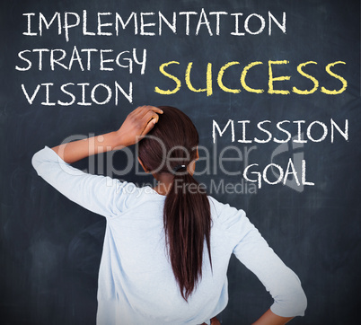 Rear view of a woman looking at success terms