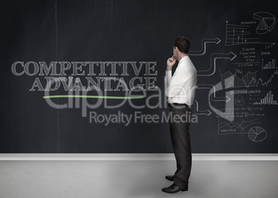 Businessman standing in front of a blackboard