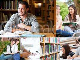 Collage of students reading books