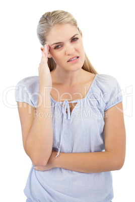 Blonde woman has headache