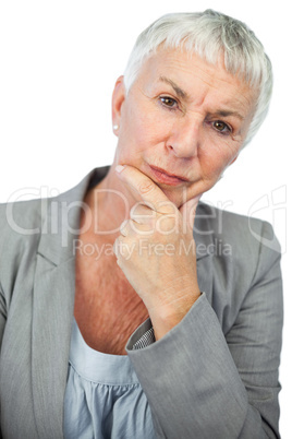 Thinking woman looking at camera