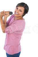Woman holding microphone for singing