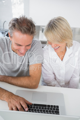 Happy couple using their laptop in the morning