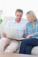 Couple using laptop together on the couch