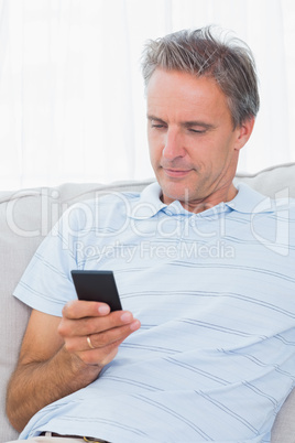 Man relaxing on his sofa sending a text