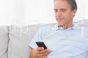 Man relaxing on his couch sending a text