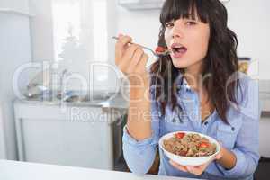 Cheerful brunette eating bowl of cereal and fruit