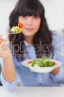 Pretty brunette showing her fork of salad to camera