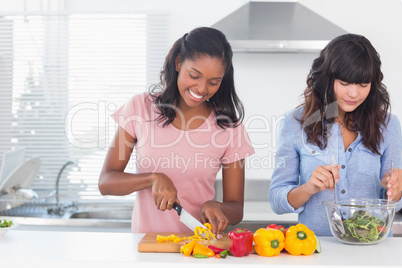 Cheerful friends preparing a salad together