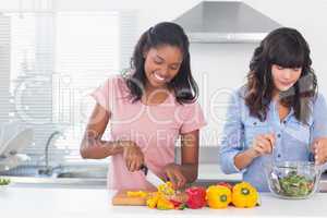 Cheerful friends preparing a salad together