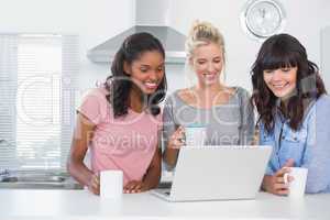 Pretty friends having coffee together and looking at laptop