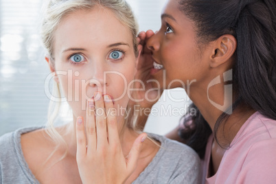 Pretty woman whispering secret to her blonde friend