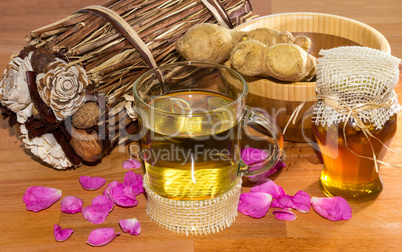 Fresh healthy herbal infusion with root ginger and honey