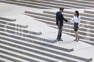 Asian Woman Caucasian Businessman Handshake City Steps