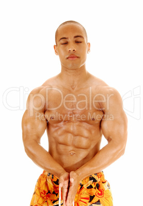 Bodybuilder with closed eyes.