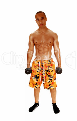 Guy holding dumbbell.