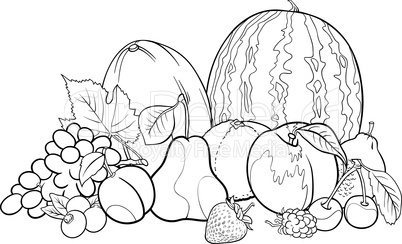 fruits group illustration for coloring book