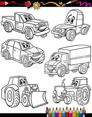 cartoon vehicles set for coloring book