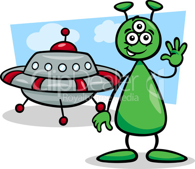 alien with ufo cartoon illustration