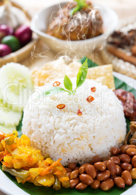 Nasi lemak with fresh hot steam