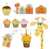 set of cupcake and other bithday items isolated on white backgro