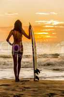 Woman Bikini Surfer & Surfboard Sunset Beach