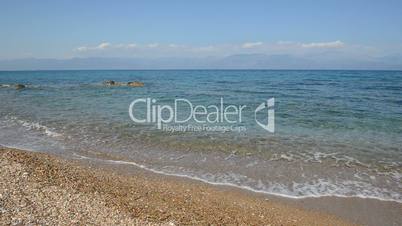 Panning the beach on Ionian Sea at luxury hotel, Peloponnes, Greece