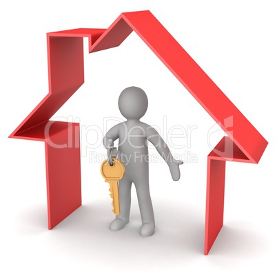 3d man holds the key, and is within the red icon house