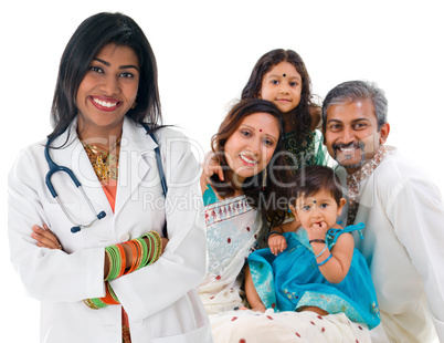 Indian female medical doctor and patient family.