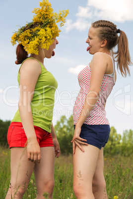 Girlfriends walk and play a meadow