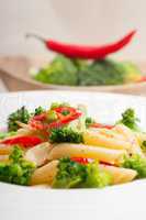 Italian penne pasta with broccoli and chili pepper