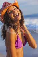 Smiling Woman Girl Bikini Cowboy Hat At Beach