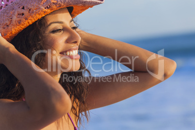 Smiling Woman Girl Bikini Cowboy Hat At Beach