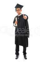 Asian male university student in graduation gown thumb up