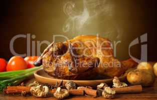 Whole roasted chicken with vegetables