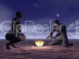 Homo erectus and fire - 3D render