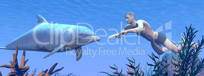 Dolphin and man swimming - 3D render