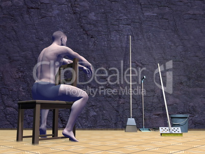 Perplexed man and cleaning tools - 3D render