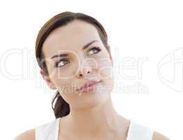 Pensive Young Adult Woman Looking Up on White