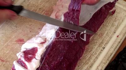 Cutting mutton meat for kebab